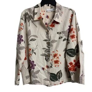 Two‎ Twenty Floral Gauze Cotton Linen Button Down Shirt XL Cream Botanical Print